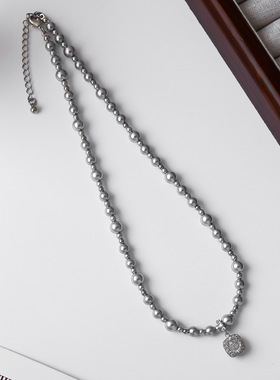 新款真多麻灰色珍珠项链夏季女高级感轻奢简约方糖锆石吊坠锁骨链