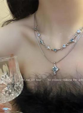 双层叠戴蓝色芒星链条项链ins小众设计感高级复古星星锁骨链新款