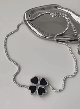 欧美时尚新款黑色滴chocke颈链镶嵌水钻耳钉轻奢夸张大花朵项链