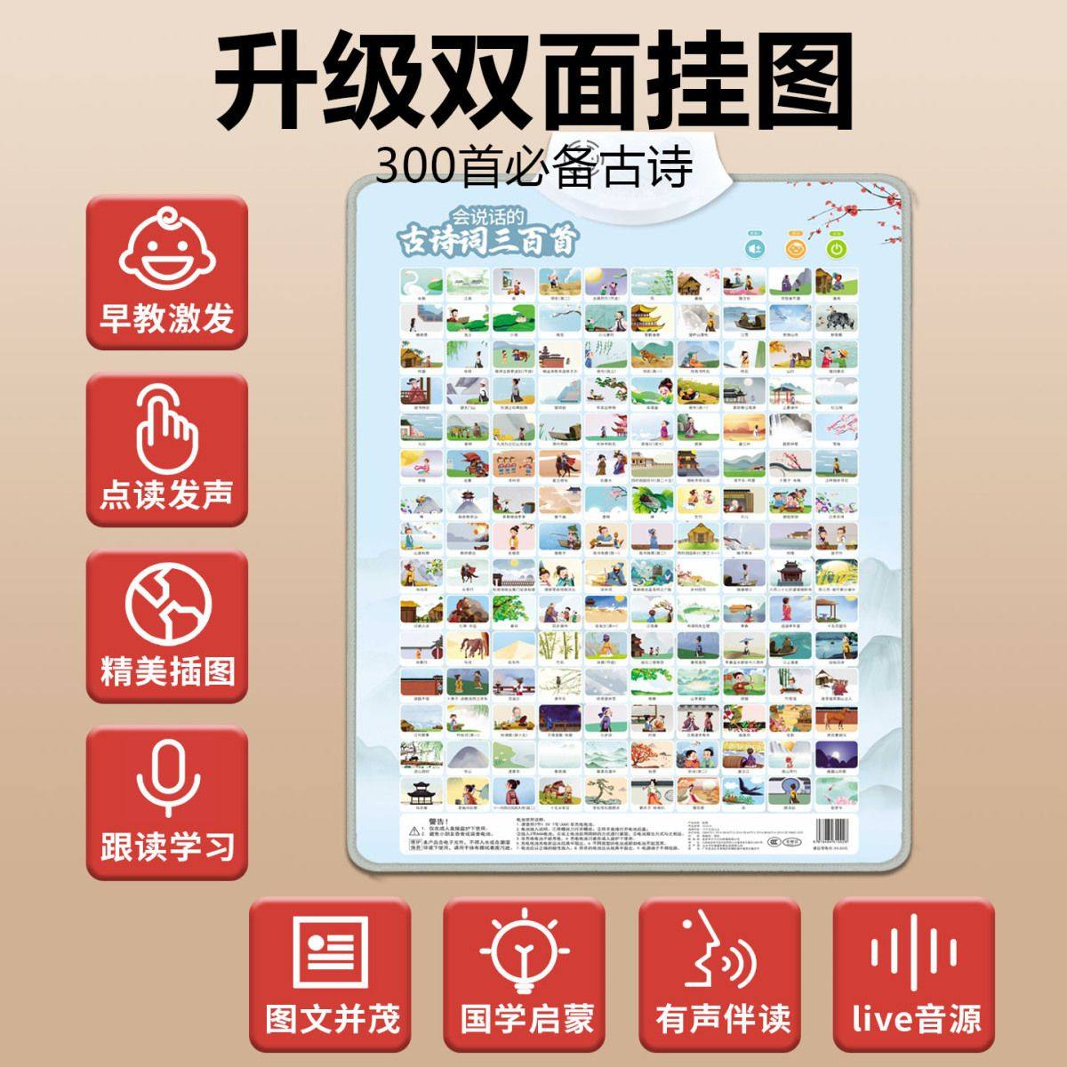 唐诗三百首幼儿早教点读发声双面挂图小学生必背古诗词墙贴认字卡,淘宝优惠券,粉丝福利购,淘宝优惠卷