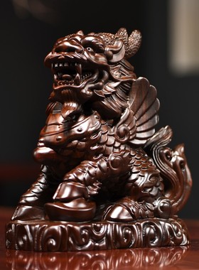 黑檀木雕麒麟一对质瑞兽家居客厅装饰红木工艺品