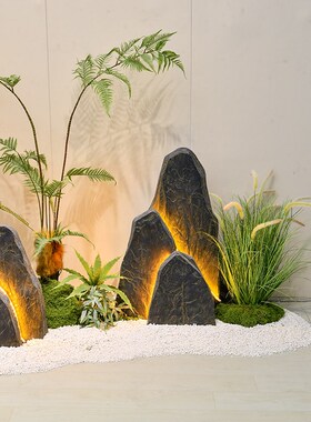 室内酒店新中式造景仿真绿植假石入户景观落地
