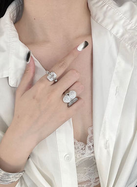 韩国小众设计镶钻花朵宽版戒指女