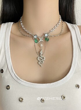 甜酷辣妹绿色复古金属蛇形项链女