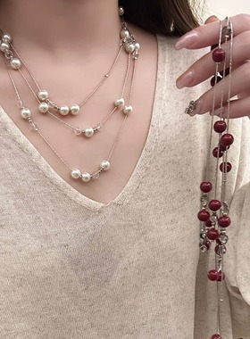 复古安可拉红水晶串珠双层叠戴项链女轻奢时髦精致高级感长毛衣链