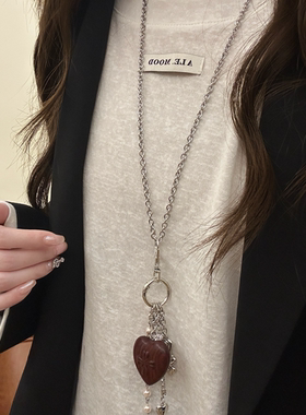 复古木质爱心天使吊坠可拆卸项链女小众长款毛衣链卫衣链包包挂饰