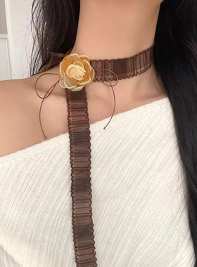 复古腰果花串珠丝巾项链女秋冬氛围感可抽拉毛衣链时尚美拉德颈链