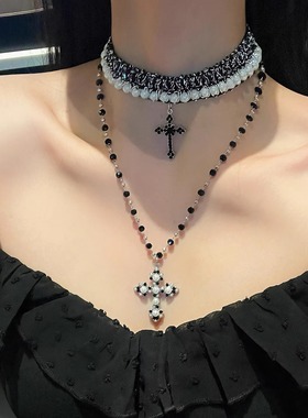 哥特风多层叠戴黑色串珠十字架项链女长款夸张锁骨链小众复古配饰