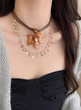 复古vintage咖色花朵皮质叠戴choker项链女小众轻奢设计感锁骨链