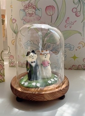 结婚礼物可爱猫咪夫妇摆件成品玻璃罩新婚礼物伴手礼家居装饰情侣