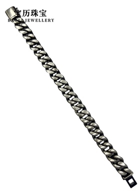 黑银新品男士古巴链马鞭手链百搭潮流S999足银手环圣诞节礼物