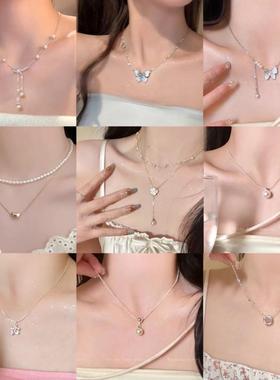通体夏季碎冰蓝蝴蝶项炼配饰女轻奢小众锁骨炼颈炼吊坠