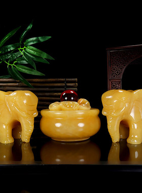 天然玉石大象一对家居玄关酒柜装饰品吸水招财象