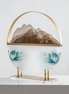 新中式禅意圆形假山屏风摆件客厅电视柜玄关酒店办公桌轻奢装饰品