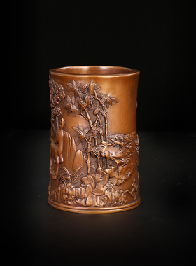 匠泽铜魂 松鹿草笔筒紫铜 纯铜笔筒文房办公用品商务书房装饰摆件