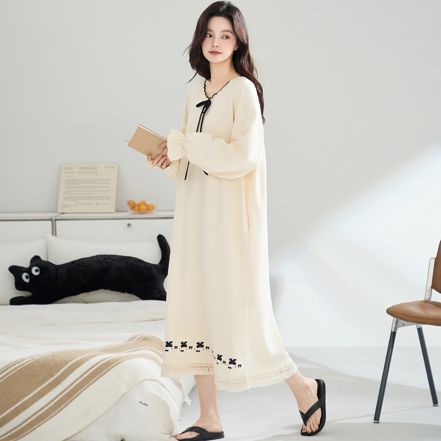 宜而爽睡裙女士纯棉蝴蝶结可外穿家居服春秋季简约风宽松长款睡袍,淘宝优惠券,粉丝福利购,淘宝优惠卷