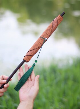 竹丝腰扇长柄大漆紫竹挂腰扇可卷纯手工便携古典刺绣汉服中式扇子