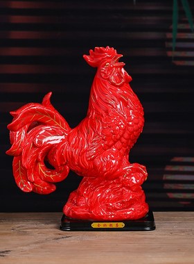 红色陶瓷公鸡吉祥物大号如意元宝鸡工艺品家居动物现代