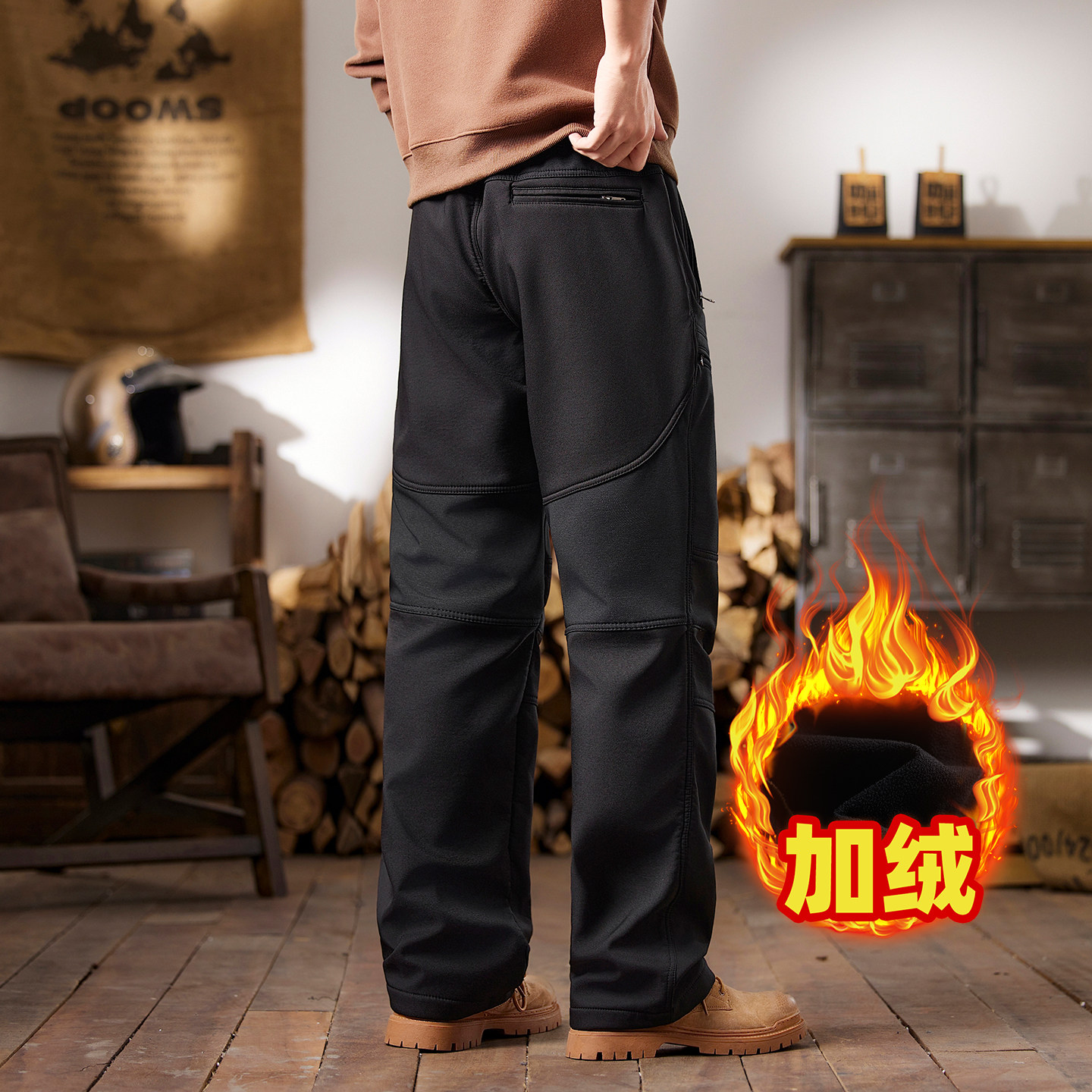 加绒保暖工装裤男多口袋直筒裤潮流老钱风休闲裤黑色户外修身长裤,淘宝优惠券,粉丝福利购,淘宝优惠卷