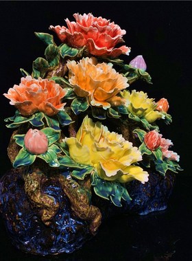 石湾公仔陶瓷牡丹花创意家居客厅玄关电视柜装饰花草摆件乔迁礼品