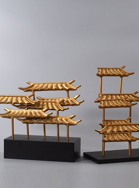 新中式创意建筑楼宇摆件家居客厅玄关书房办公桌雕塑软装饰品摆设
