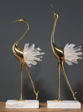 纯铜轻奢水晶仙鹤摆件样板房客厅电视柜桌面玄关摆设家居装饰品