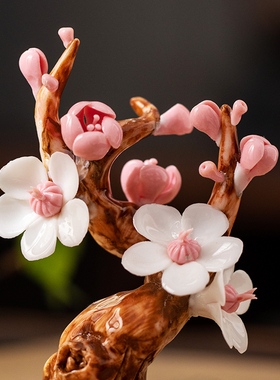 新中式陶瓷奼紫嫣红手捏花桌面摆件家用书房纯手工瓷花镇纸装饰品