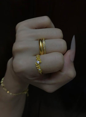 S925纯银中古金色麦穗素圈戒指女
