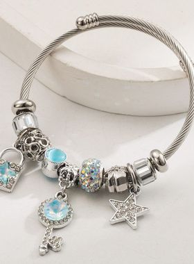 潘家多拉百搭不锈钢手镯女个性镶钻锁钥匙镶钻精美闺蜜可调节手环