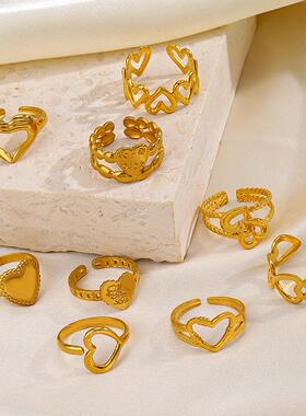 不锈钢爱心戒指欧美INS风简约流行18K金戒指嘻哈心形指环女