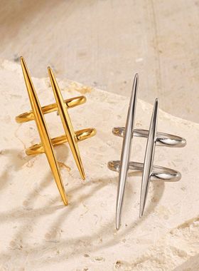 欧美小众钛钢镀金嘻哈线条戒指