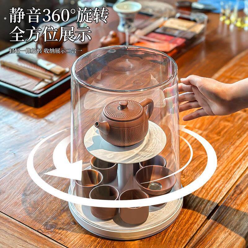 Tea set storage box rotating with cover dustproof transparent coffee table tea table storage teacup teapot draining storage rack