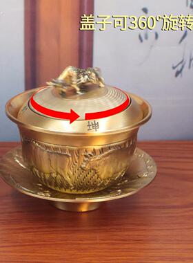 黄铜三彩茶碗和牛画茶碗盖可旋转茶具装饰书房家居装饰