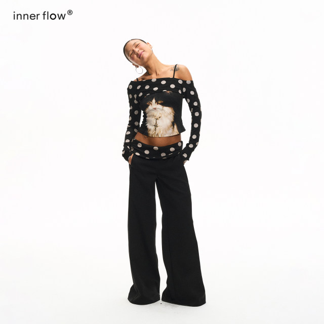 INNERFLOW summer khaki polka dot outerwear + cat suspenders + ຊຸດໂສ້ງຂາຍາວສີດຳ polka dot design suit