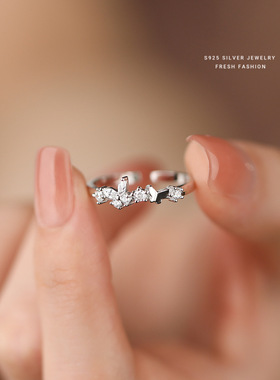 ins风蝴蝶锆石开口戒指女S925银