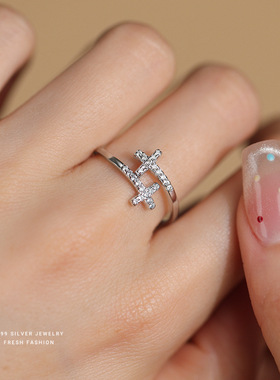 韩版微镶锆石十字架戒指s999纯银