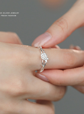 S925银玫瑰花戒指女活口可调节