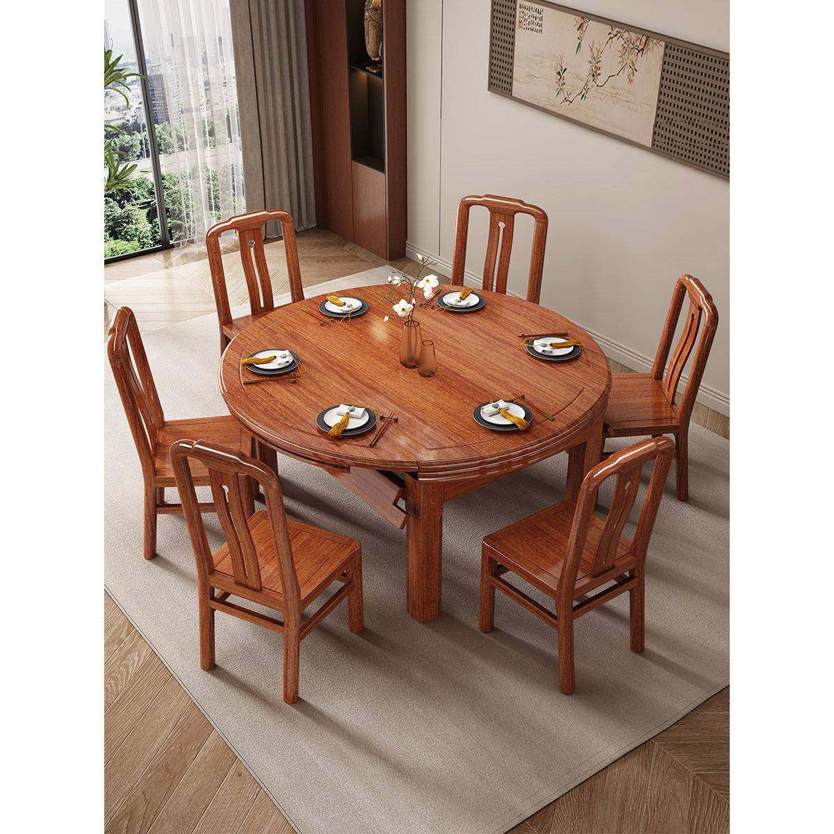 花梨木实木餐桌椅组合带转盘大圆桌可变椭圆小户型家用桌饭店桌子,淘宝优惠券,粉丝福利购,淘宝优惠卷