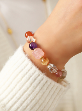 珞石天然水晶海蓝宝粉水晶手链女