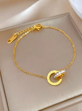 款日韩钛钢轻奢手链不掉色玫瑰金罗马数字双环ins个性手环手饰」