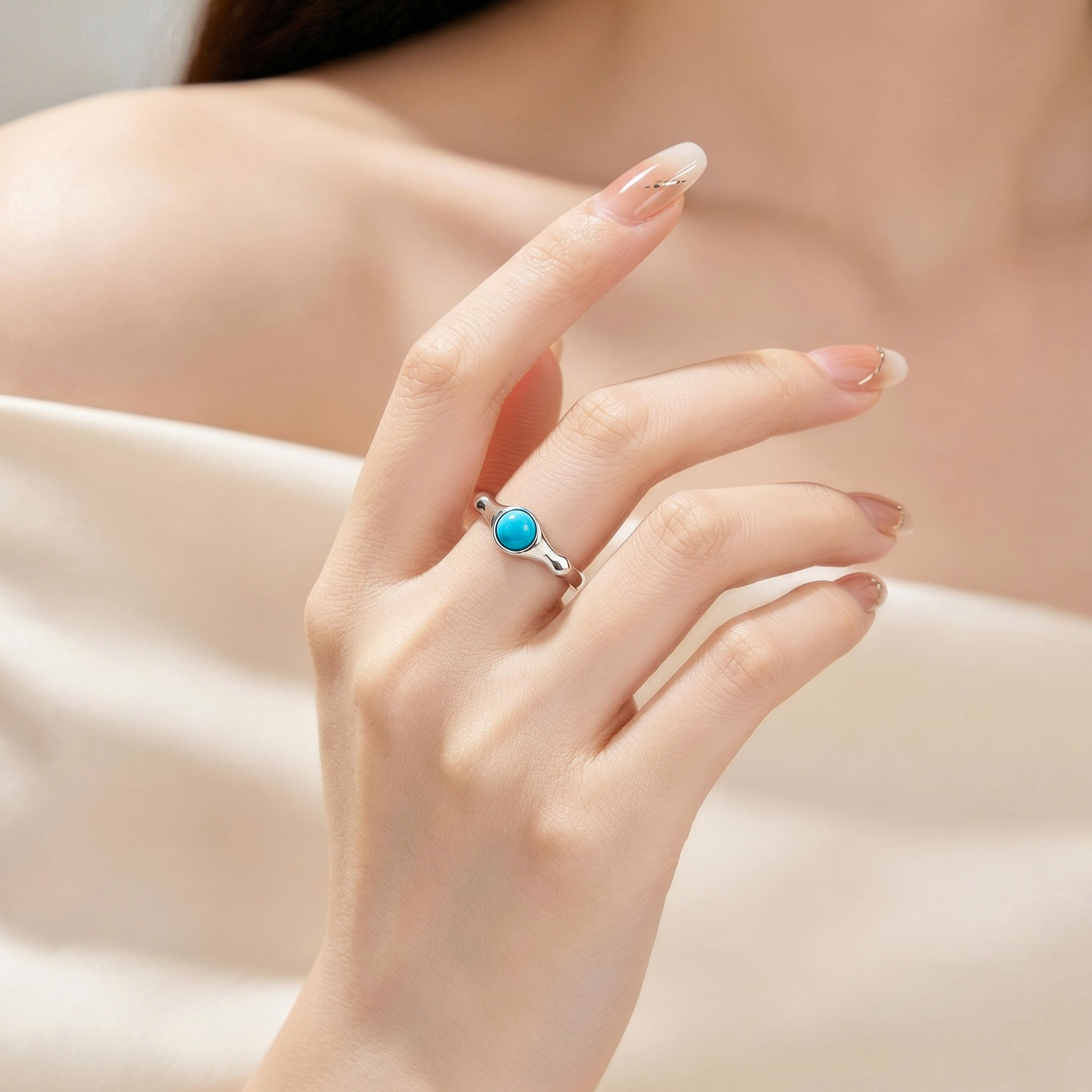 Longfeng Lusongxuan natural turquoise round ring