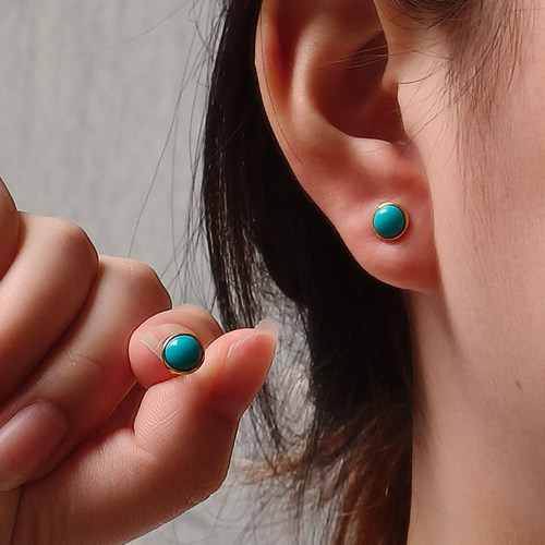 龙丰绿松轩珠宝正品天然绿松石圆形简约耳钉女款银镀18K金耳饰 - 图1