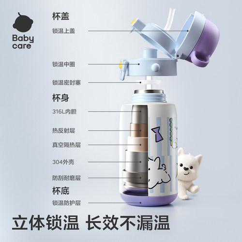 Babycare免换盖三饮保温杯儿童男女学生宝宝三合一316不锈钢水杯 - 图0