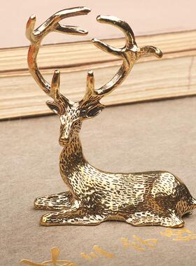 复古黄铜麋鹿长发金鹿摆件ins客厅餐厅茶桌 桌面茶宠工艺装饰品