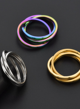 祥饰帝时尚简约钛钢三环戒指