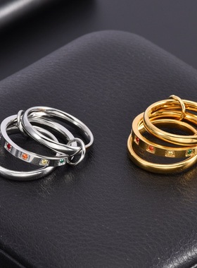 祥饰帝镶钻三环叠戴素圈戒指