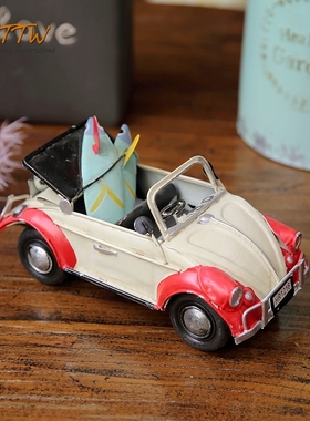 美式乡村复古做旧敞篷铁皮老爷车摆件 家居装饰工艺车模