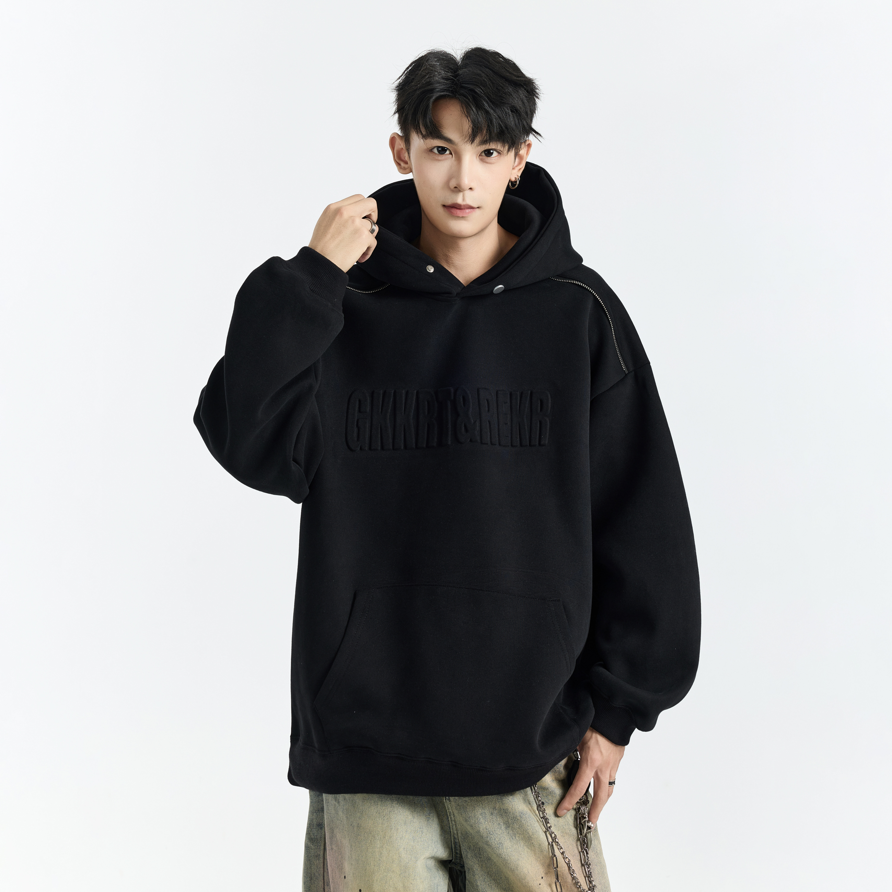GKKRT潮牌重磅钢印字母连帽卫衣男加绒加厚美式宽松廓形休闲上衣 - 图0