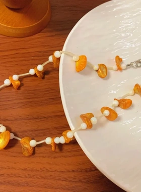 天然贝壳彩色笔串珠项链氛围感复古多巴胺甜美锁骨链度假风颈链