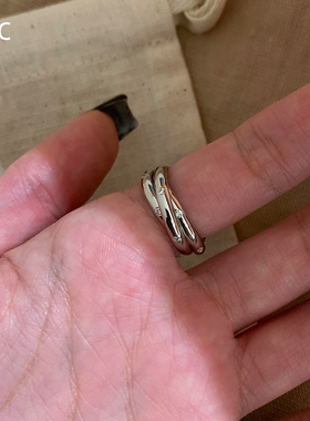 银色素圈微镶三环交叉戒指女